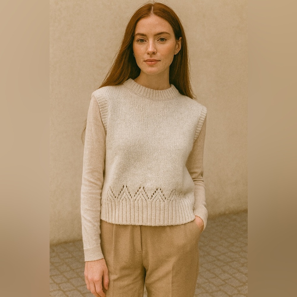 ONLY Sweater Vest Cream Oatmeal Crochet Lace Knit Cuff NO WOOL size M​​​…​​